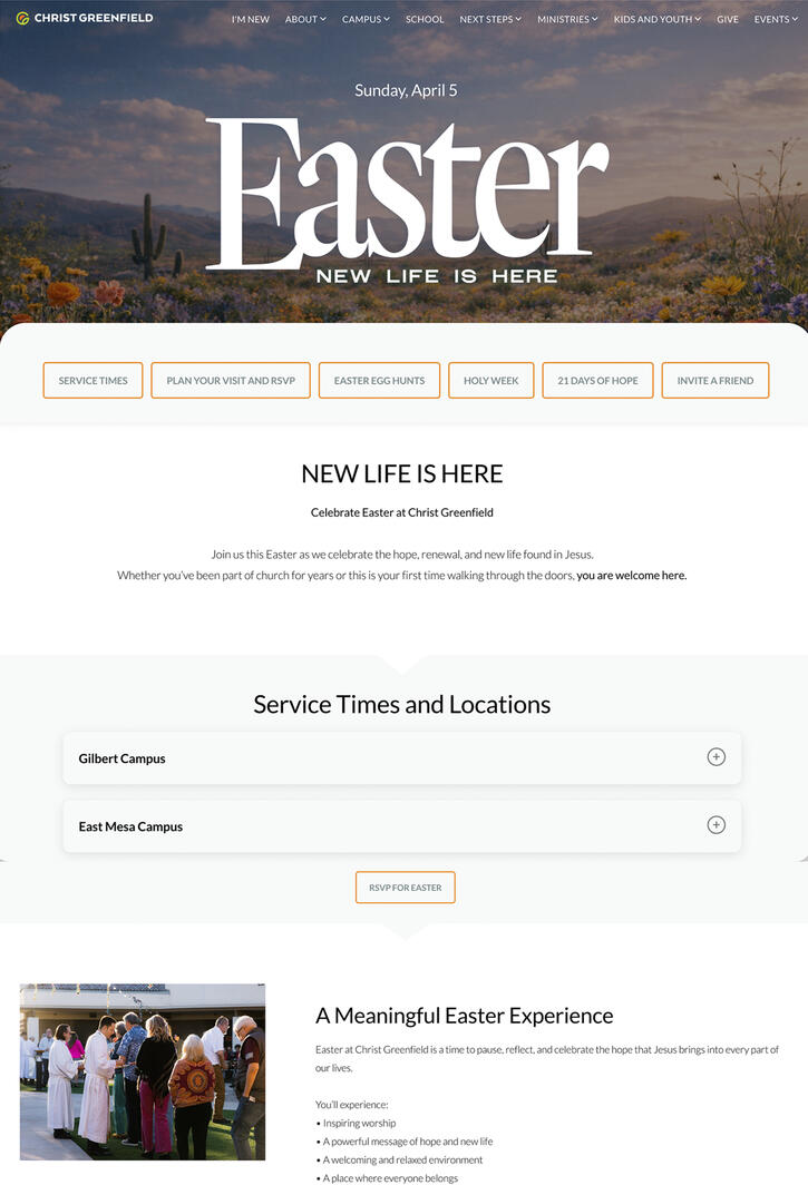 Central campaign hub with service details, visitor information, and next-step pathways.