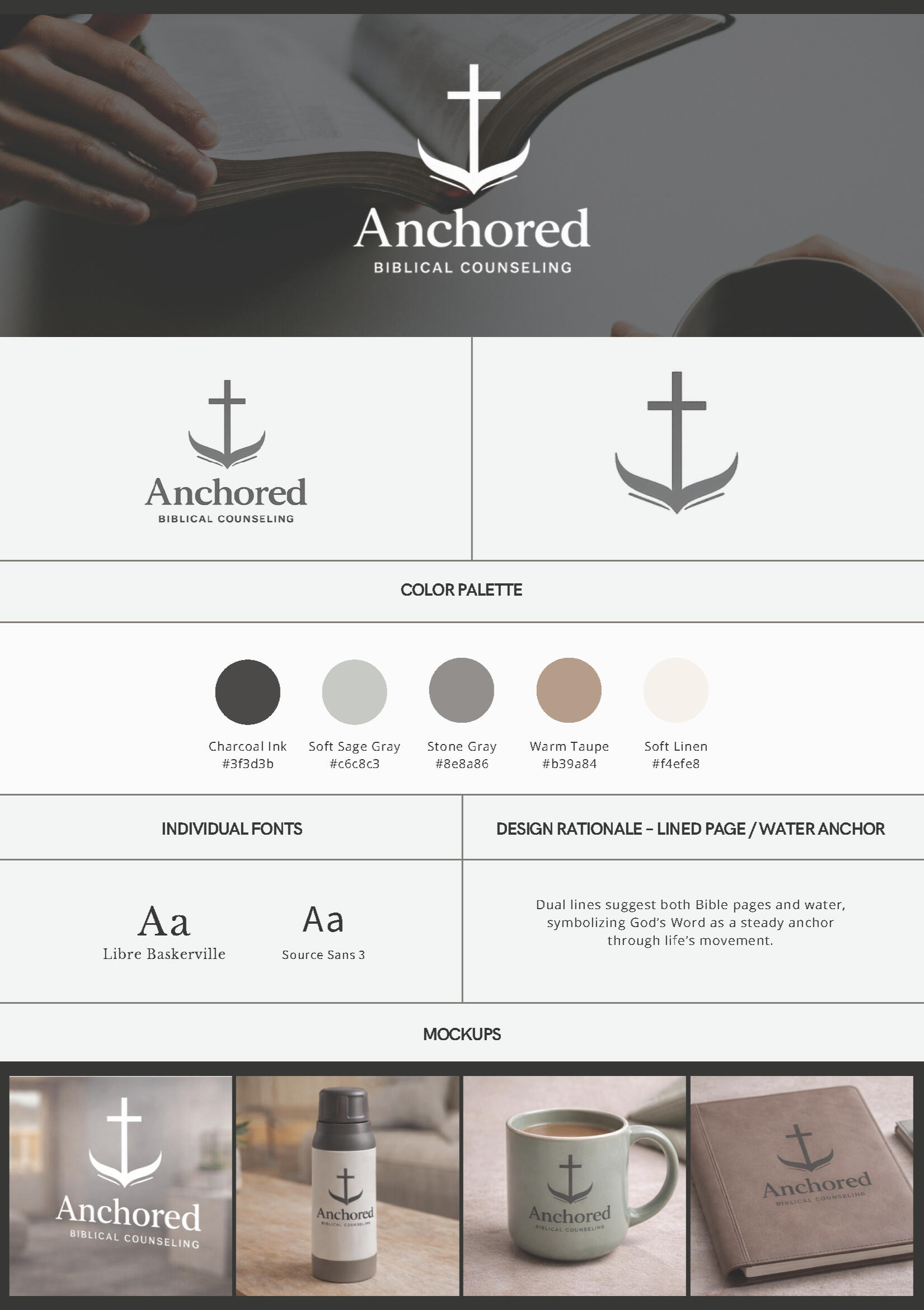 Anchored Biblical Counseling Brand Identity Anchored Biblical Counseling brand identity featuring a white anchor-and-cross logo over a muted photo of an open Bible.